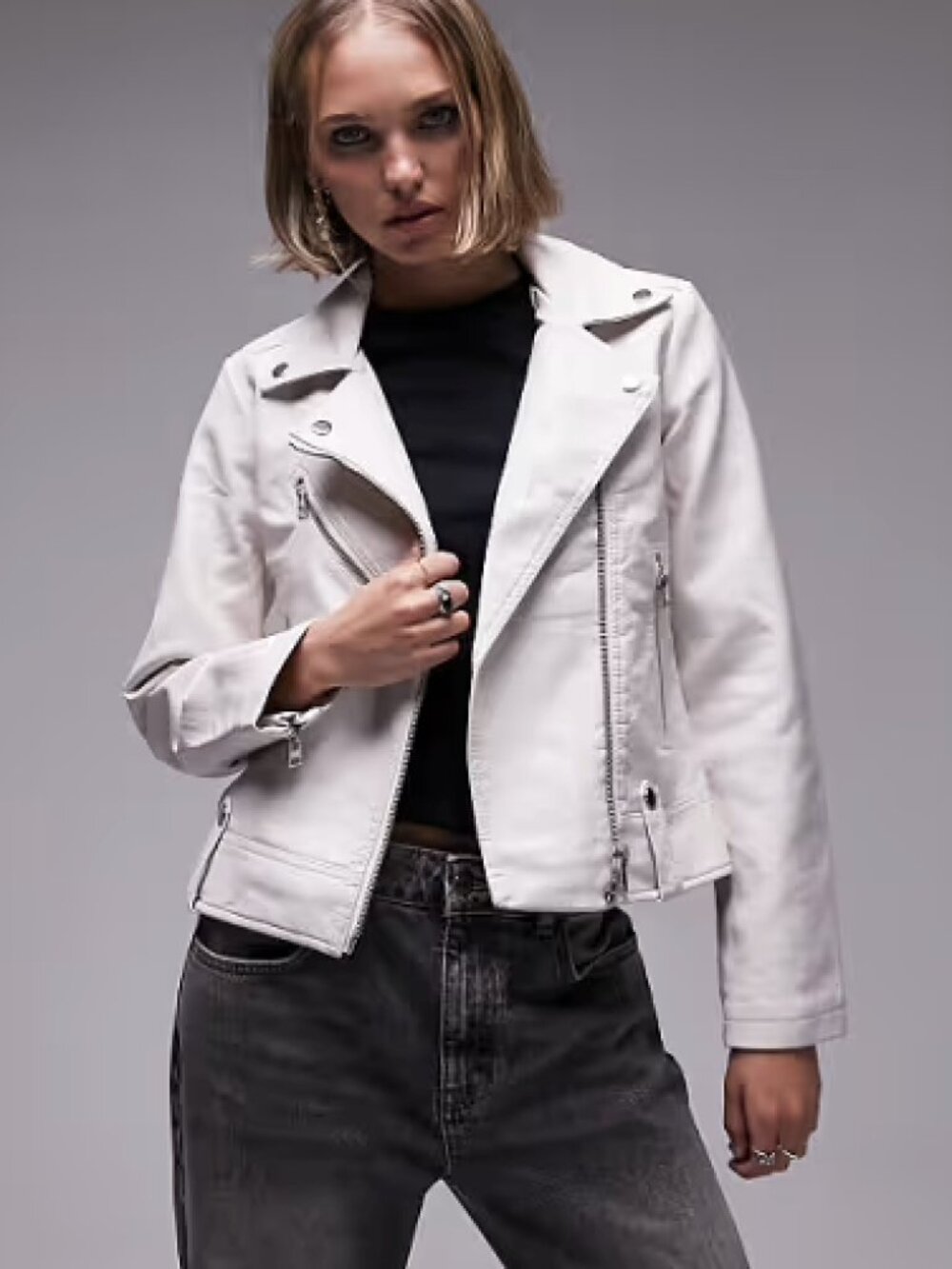 Topshop Petite Faux leather OFF WHITE biker jacket US 8